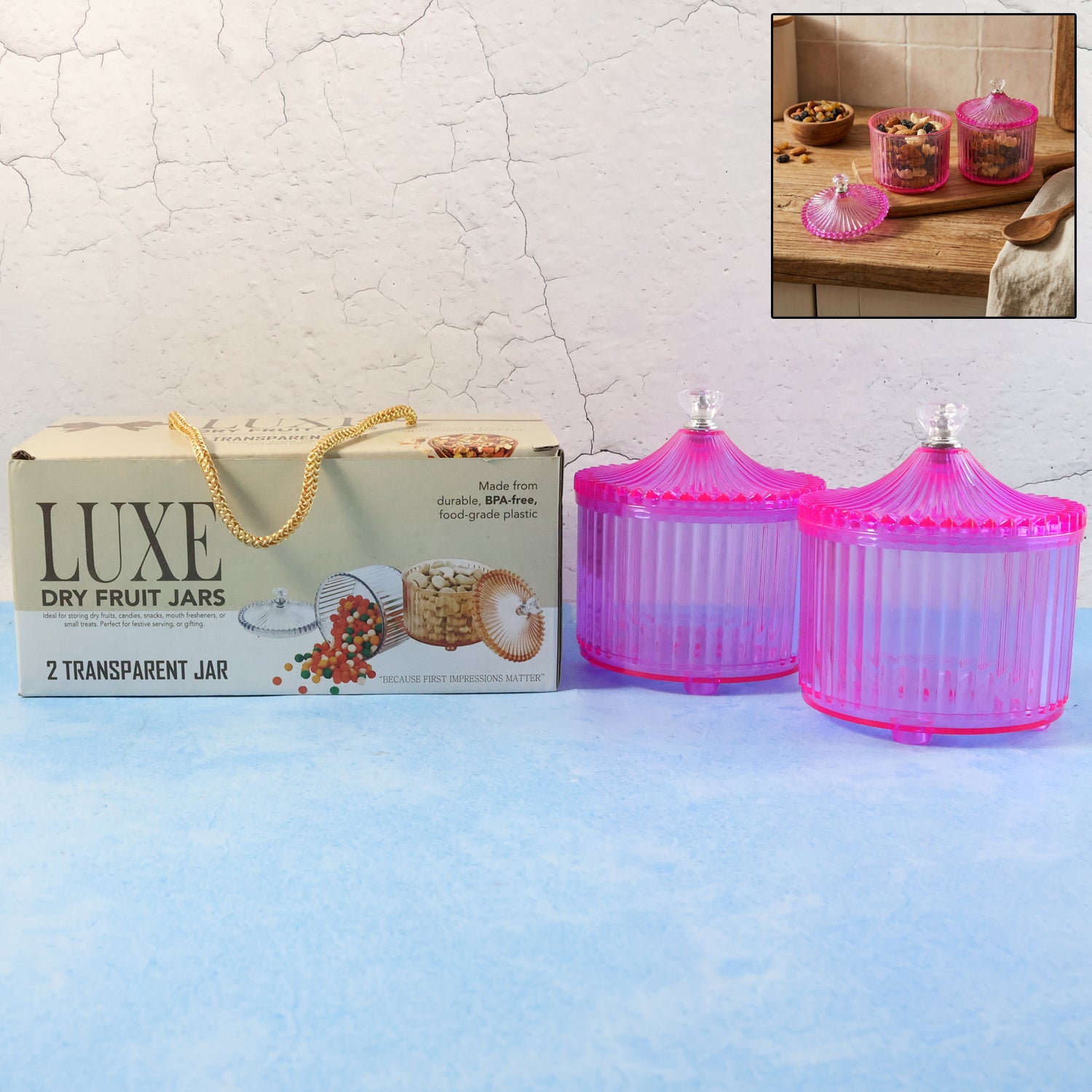 01_jar.jpg Plastic Luxury Transparent Dry Fruit Storage Jars (2 Pc) - Image 1