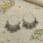 Handcrafted Oxidized Silver Hoop Jhumka Earrings with Intricate Filigree Detailing and Multiple Dangling Bell Drops - Image 3