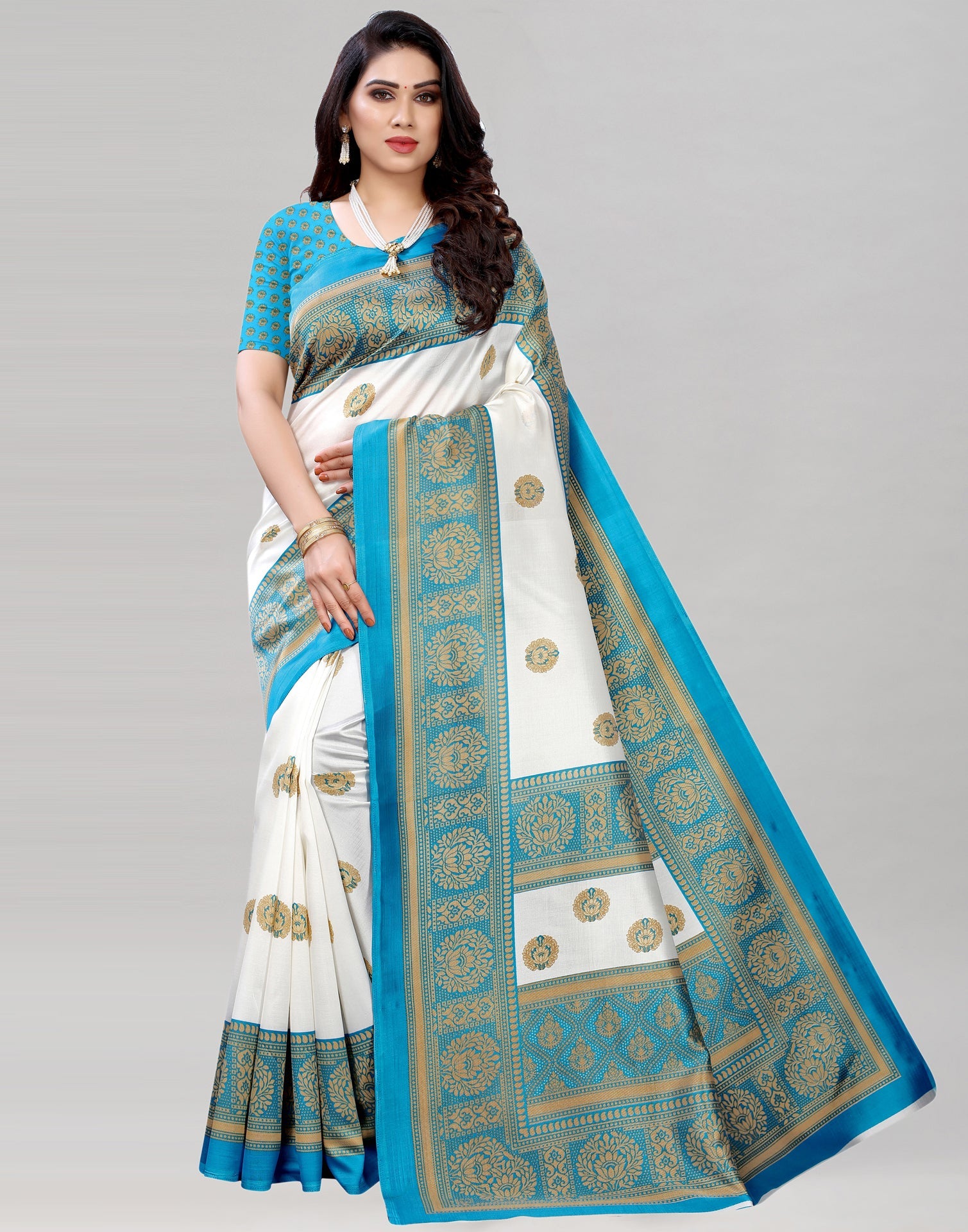 White Silk Printed Banarasi Saree