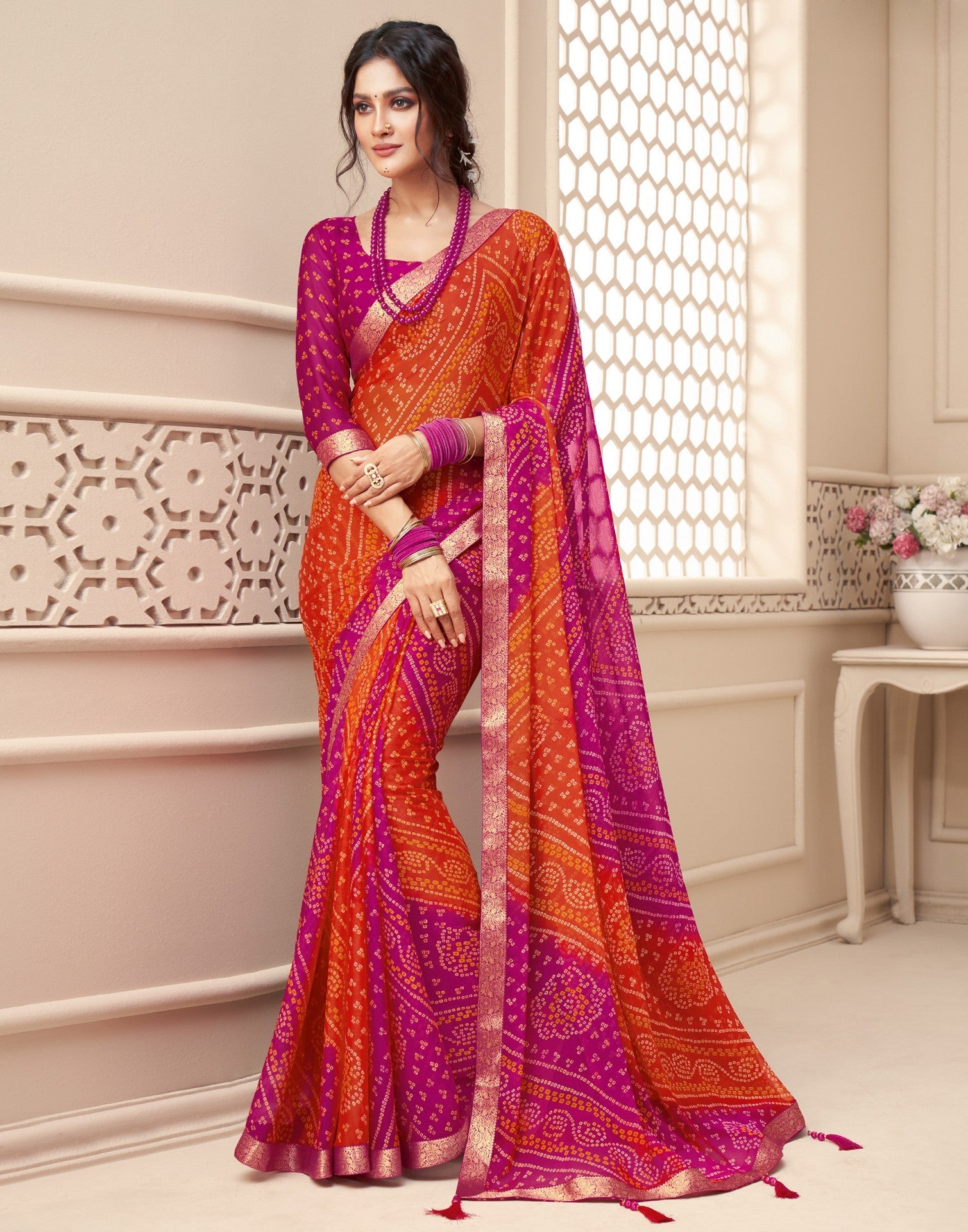 Pink Chiffon Printed Bandhani Saree