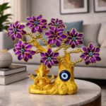 Golden Ganesh Tree with Purple Flowers & Evil Eye | Decorative Showpiece