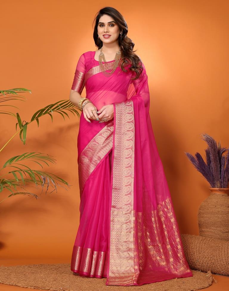 Rani Pink Organza Woven Banarasi Saree