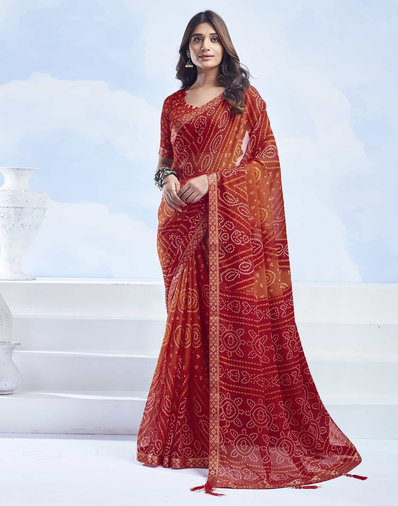 Red Chiffon Printed Bandhani Saree