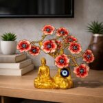 Red Buddha Tree Showpiece with Evil Eye & Floral Design for Home Decor - Image 2