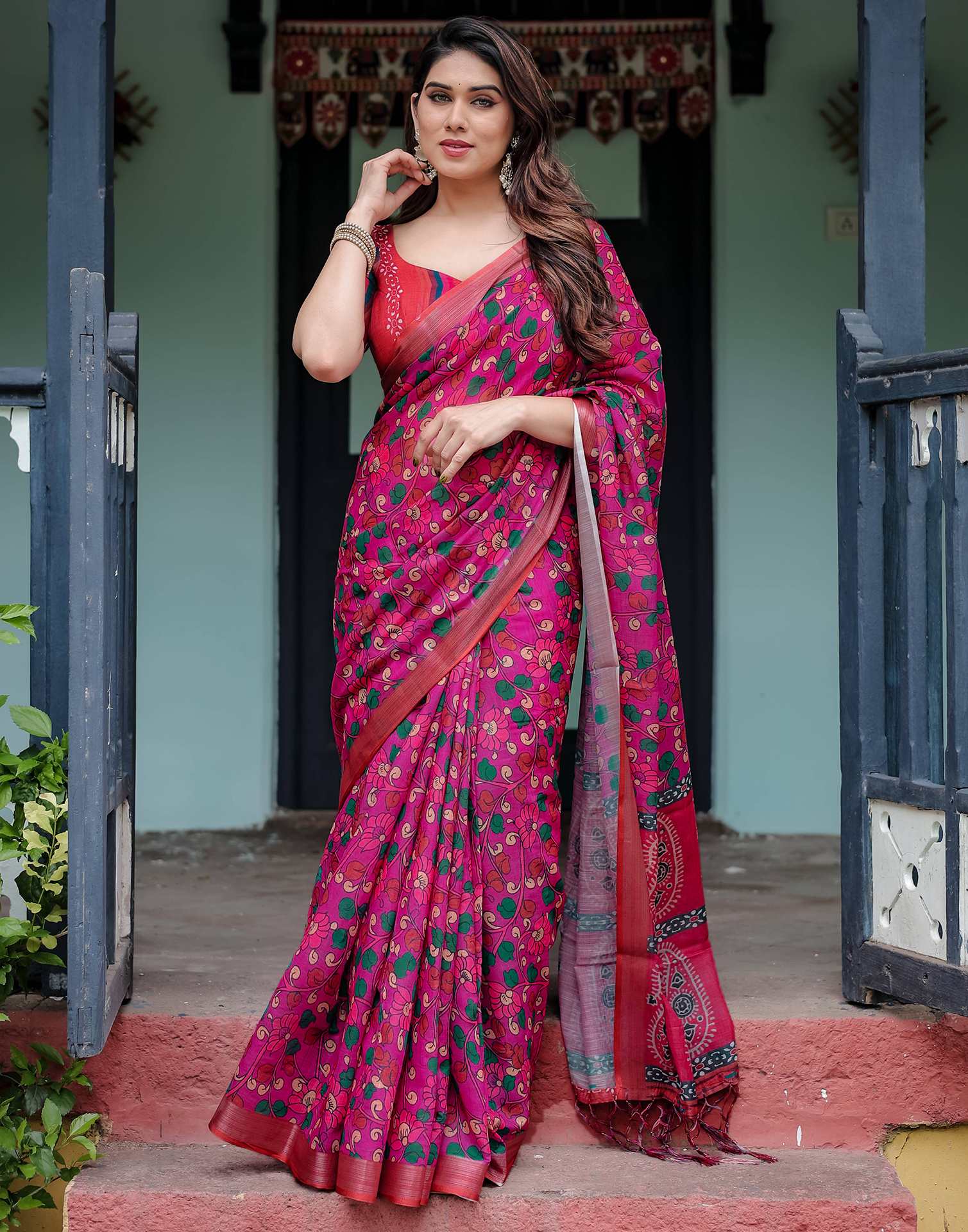 Rani Pink Linen Kalamkari Saree