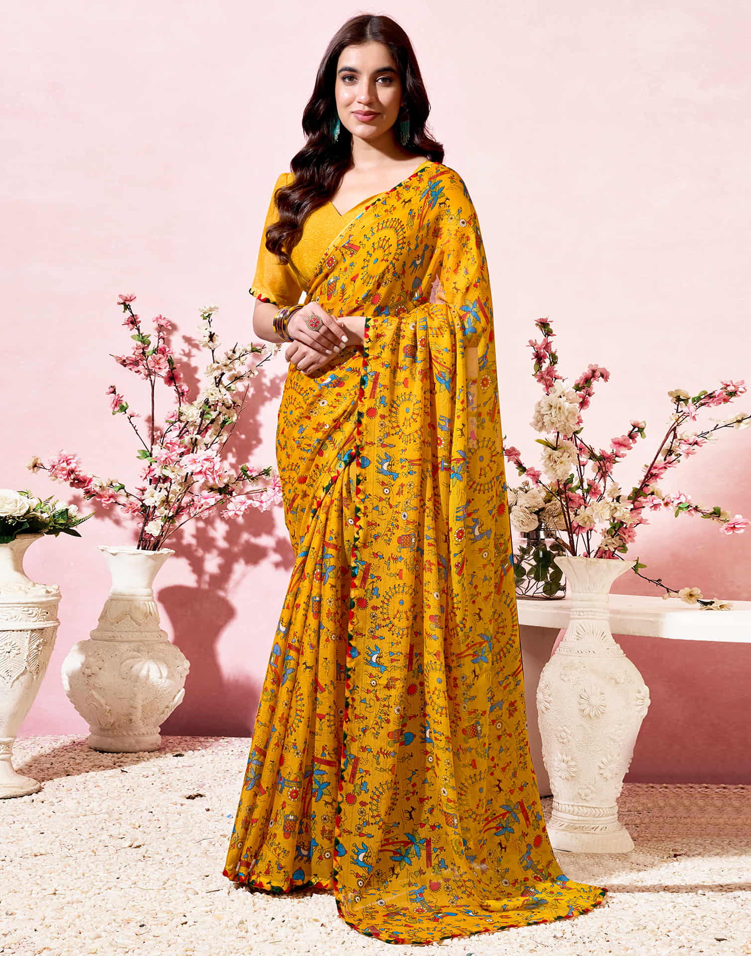 Yellow Georgette Warli Printed Saree
