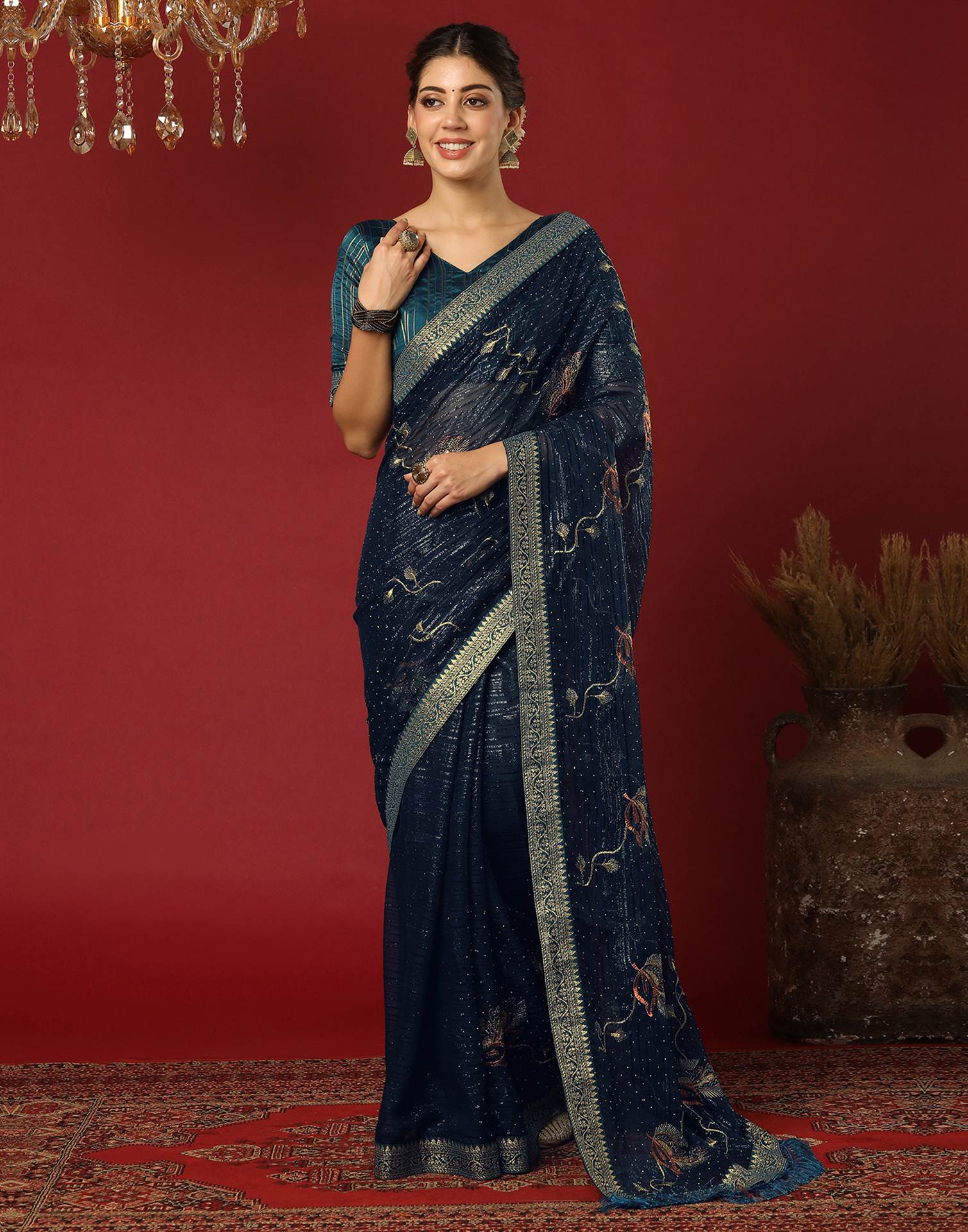 Rama Blue Georgette Stone Work Embellished Saree
