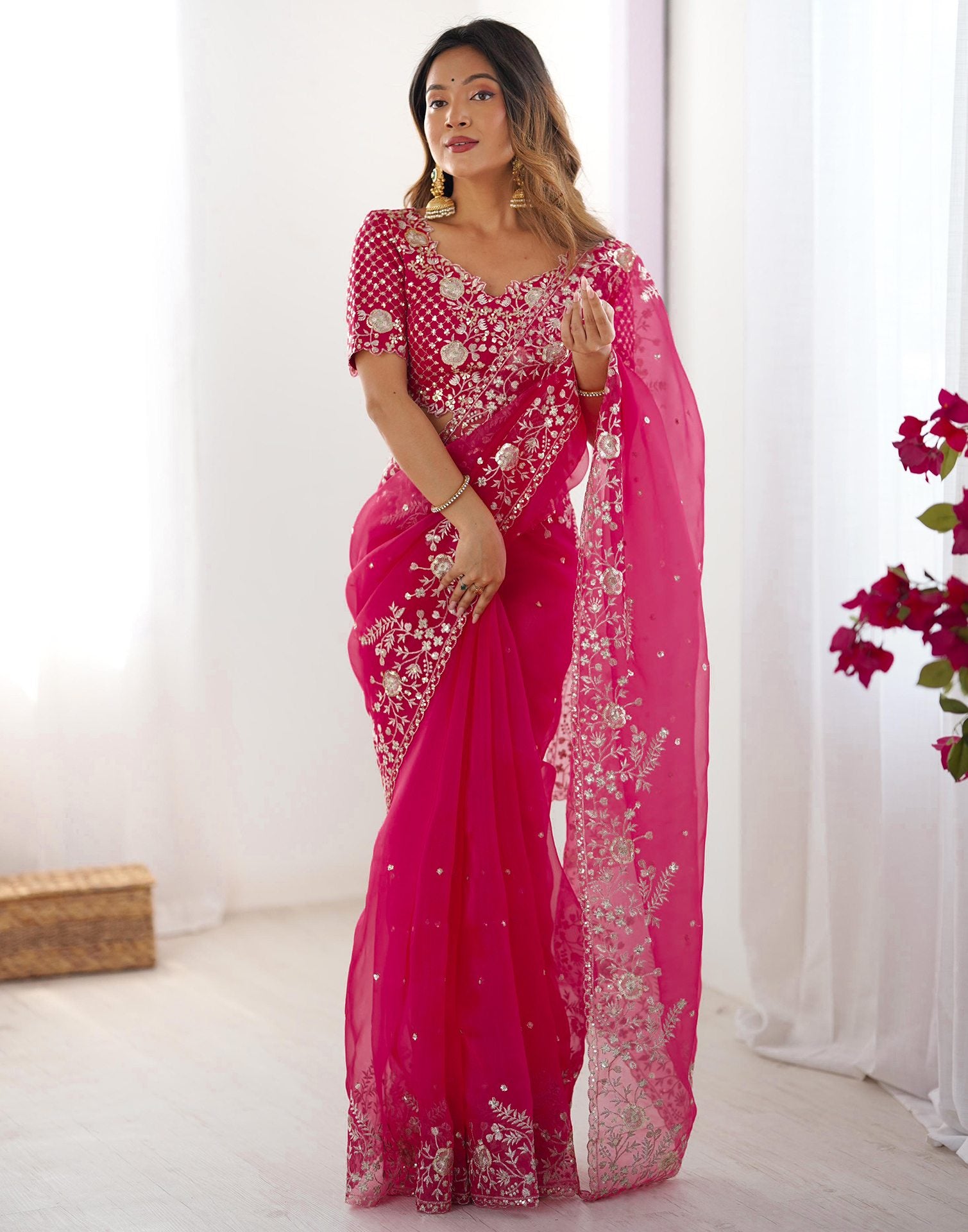 Pink Organza Sequence Embroidery Saree