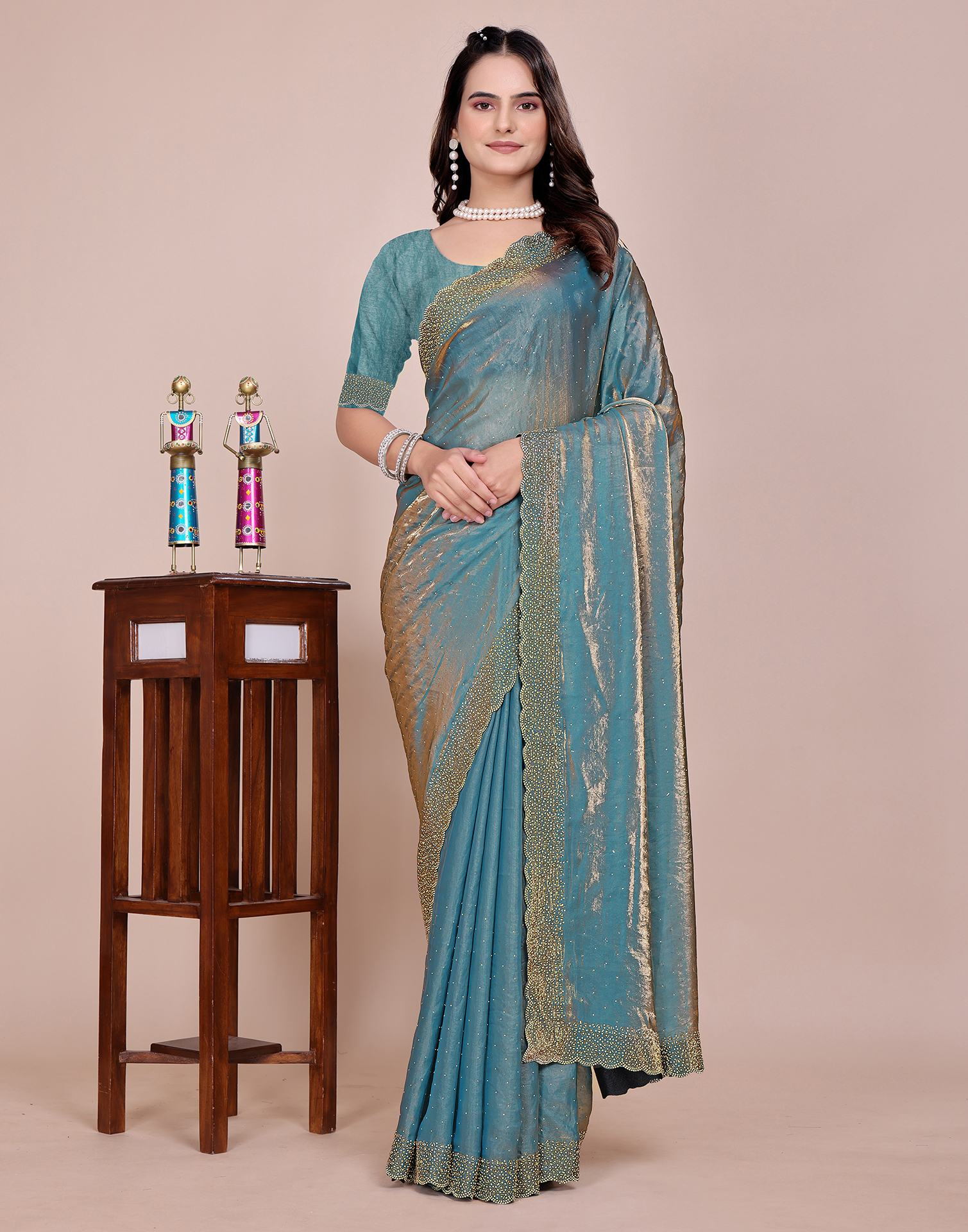 Light Blue Tissue Silk Stone Work Swarovski Saree