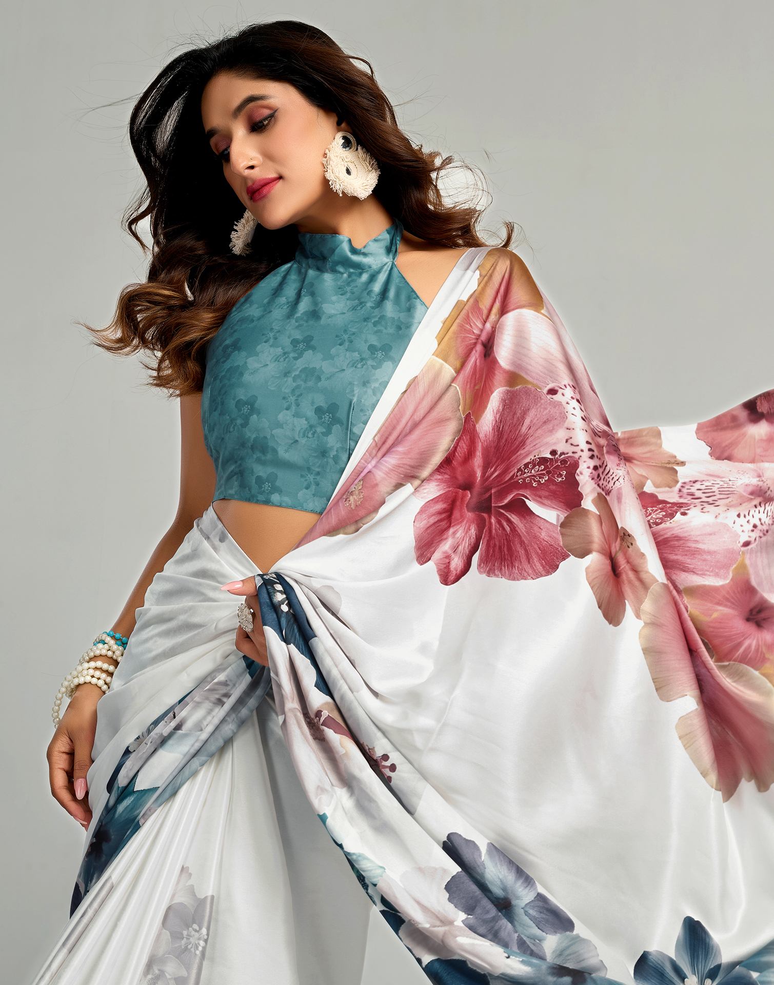 White Satin Floral Printed Saree