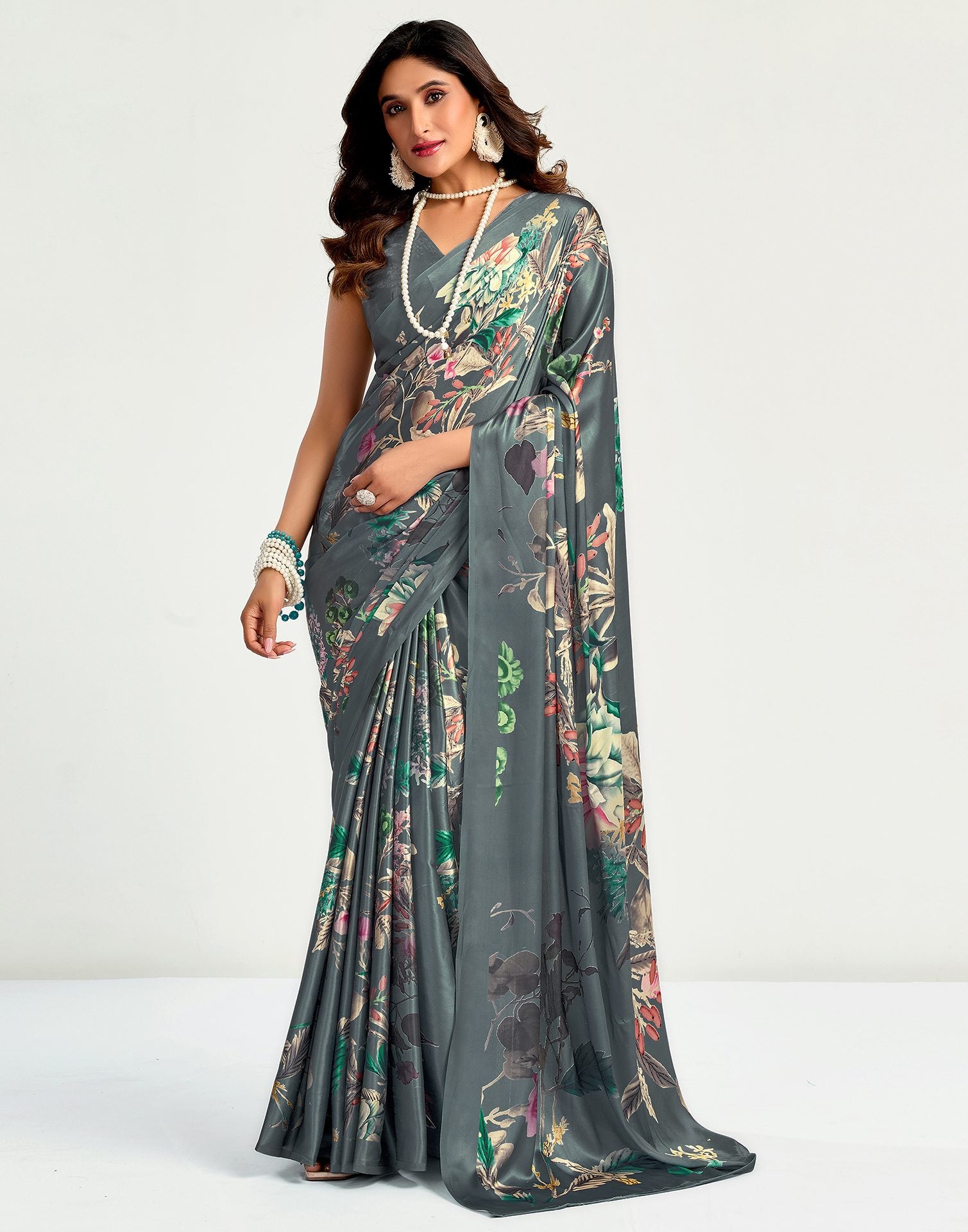 Grey Satin Floral Printed Saree