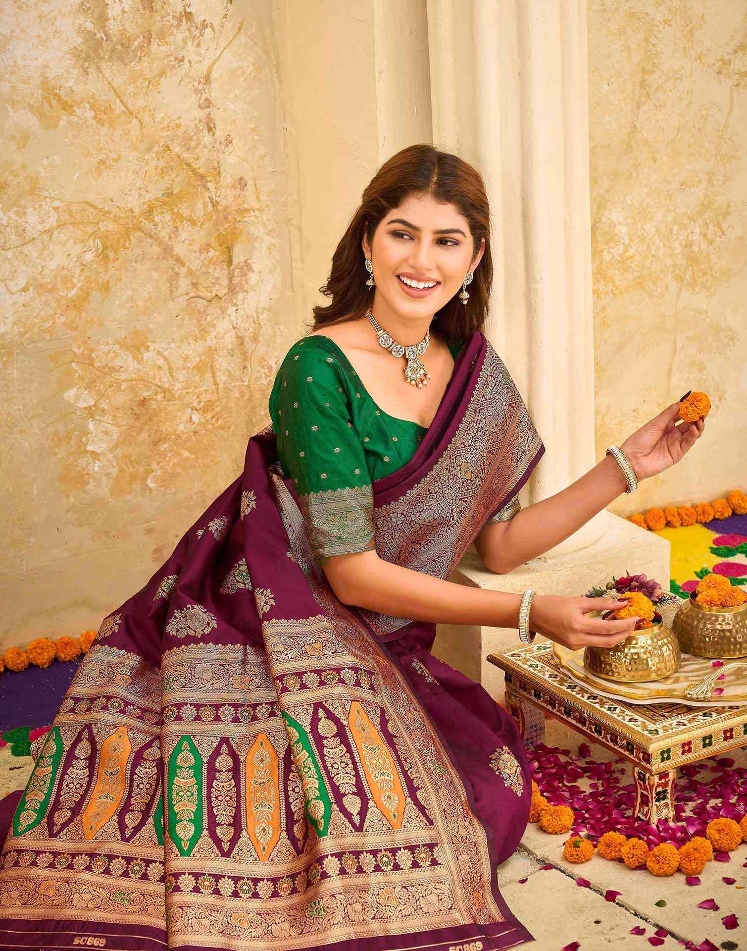 Maroon Silk Woven Banarasi Saree