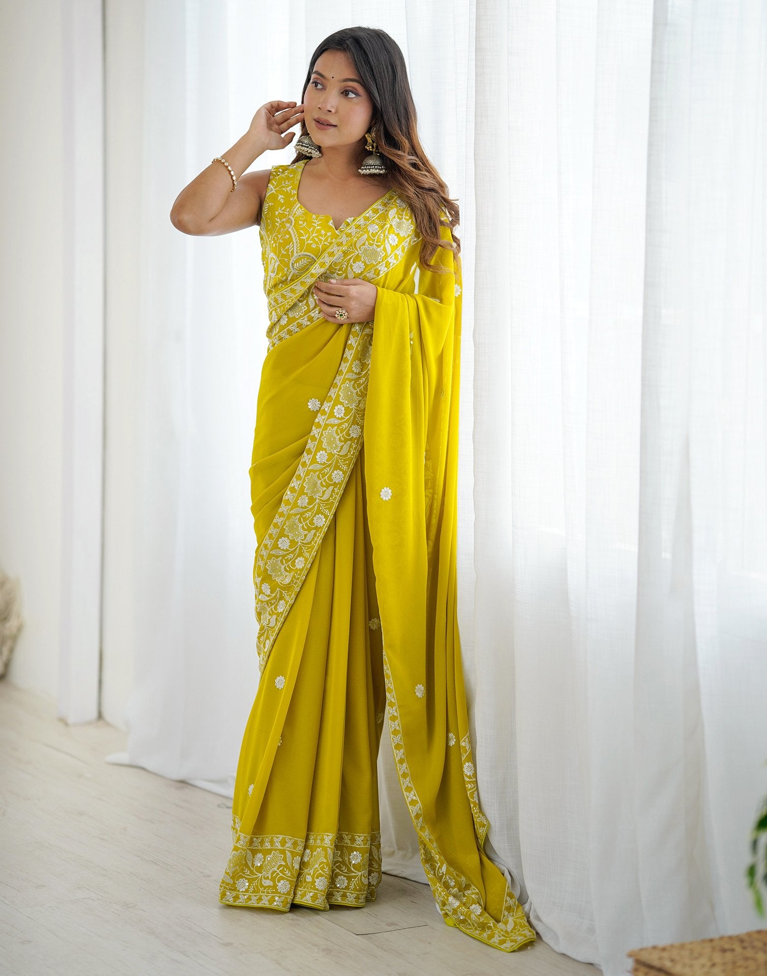 Lime Yellow Georgette Embroidery Saree