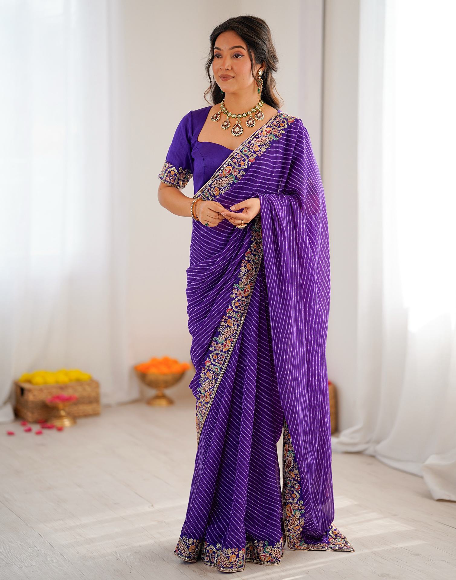 Purple Georgette Printed Laheriya Saree