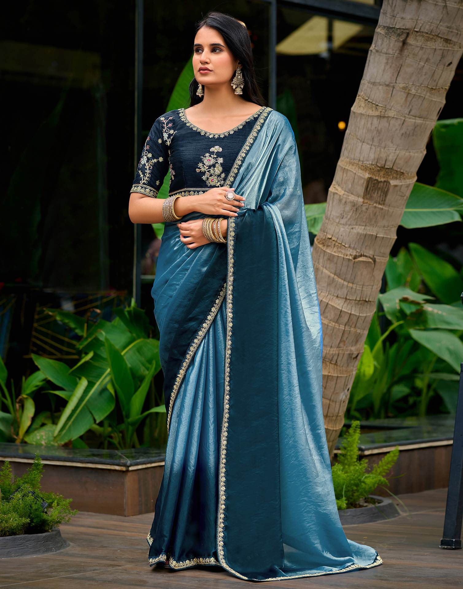 Light Teal Blue Tissue Silk Lace Saree