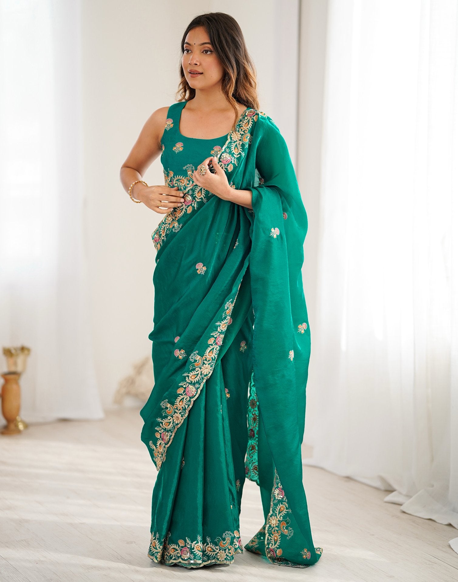 Teal Green Silk Embroidery Saree