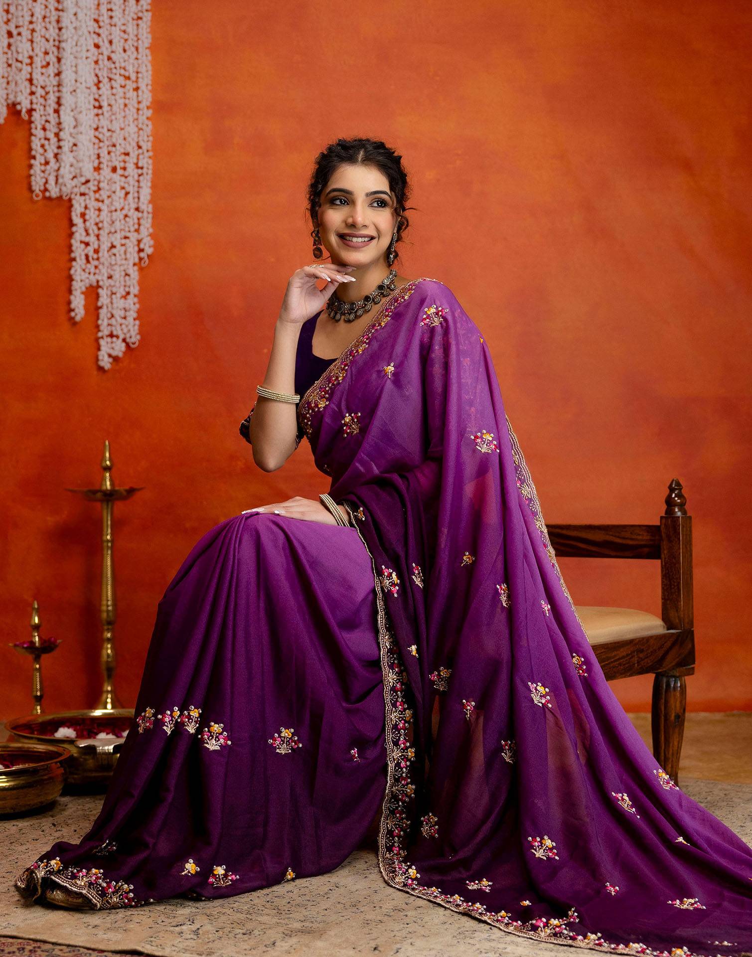 Purple Shimmer Embroidery Saree