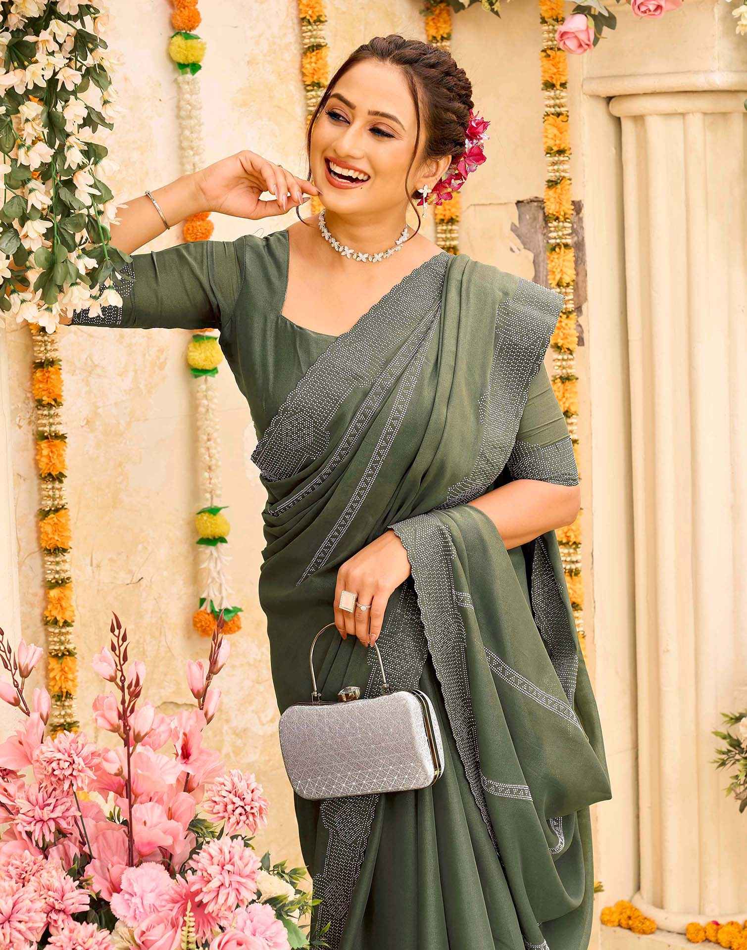 Olive Green Shimmer Stone Work Swarovski Saree
