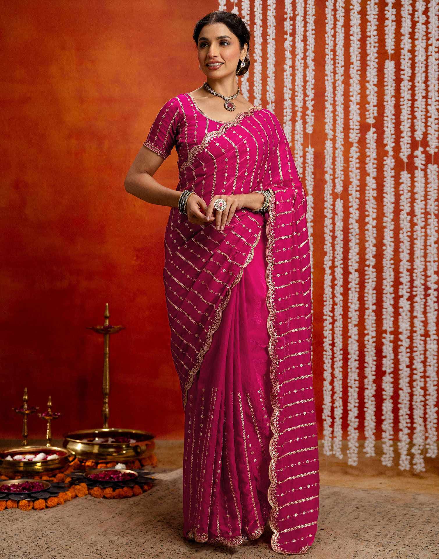 Dark Pink Silk Sequence Embroidery Saree