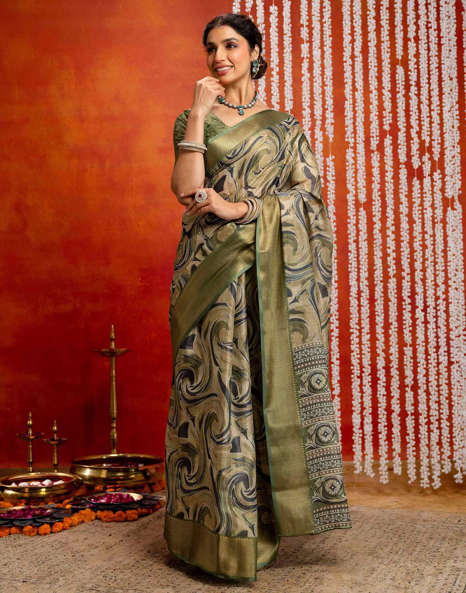 Olive Green Cotton Printed Woven Saree