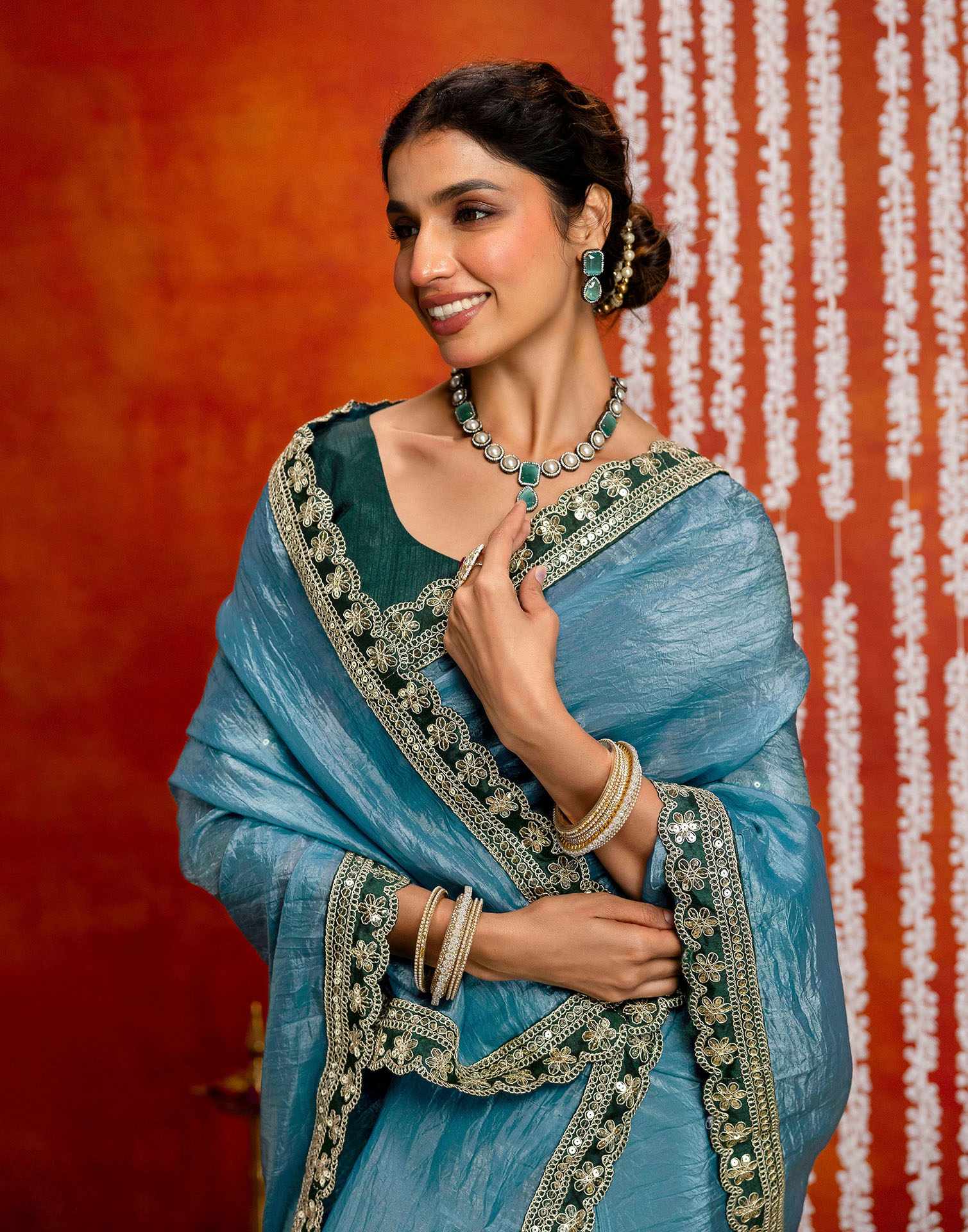 Teal Blue Crush Tissue Sequence Lace Saree