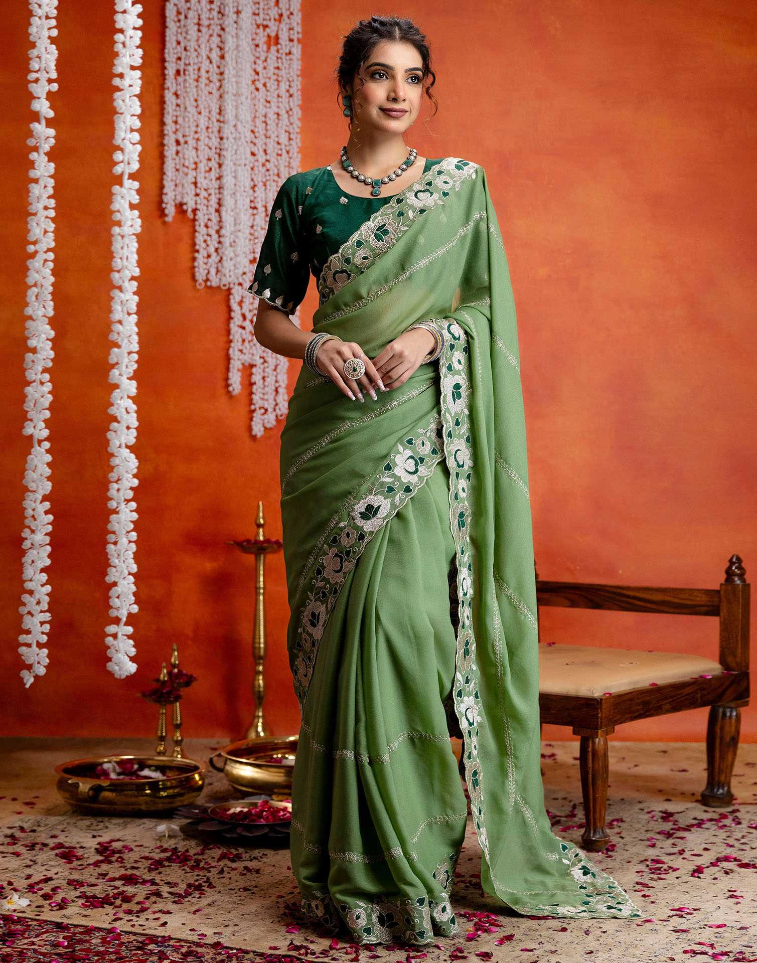 Pista Green Shimmer Embroidery Saree