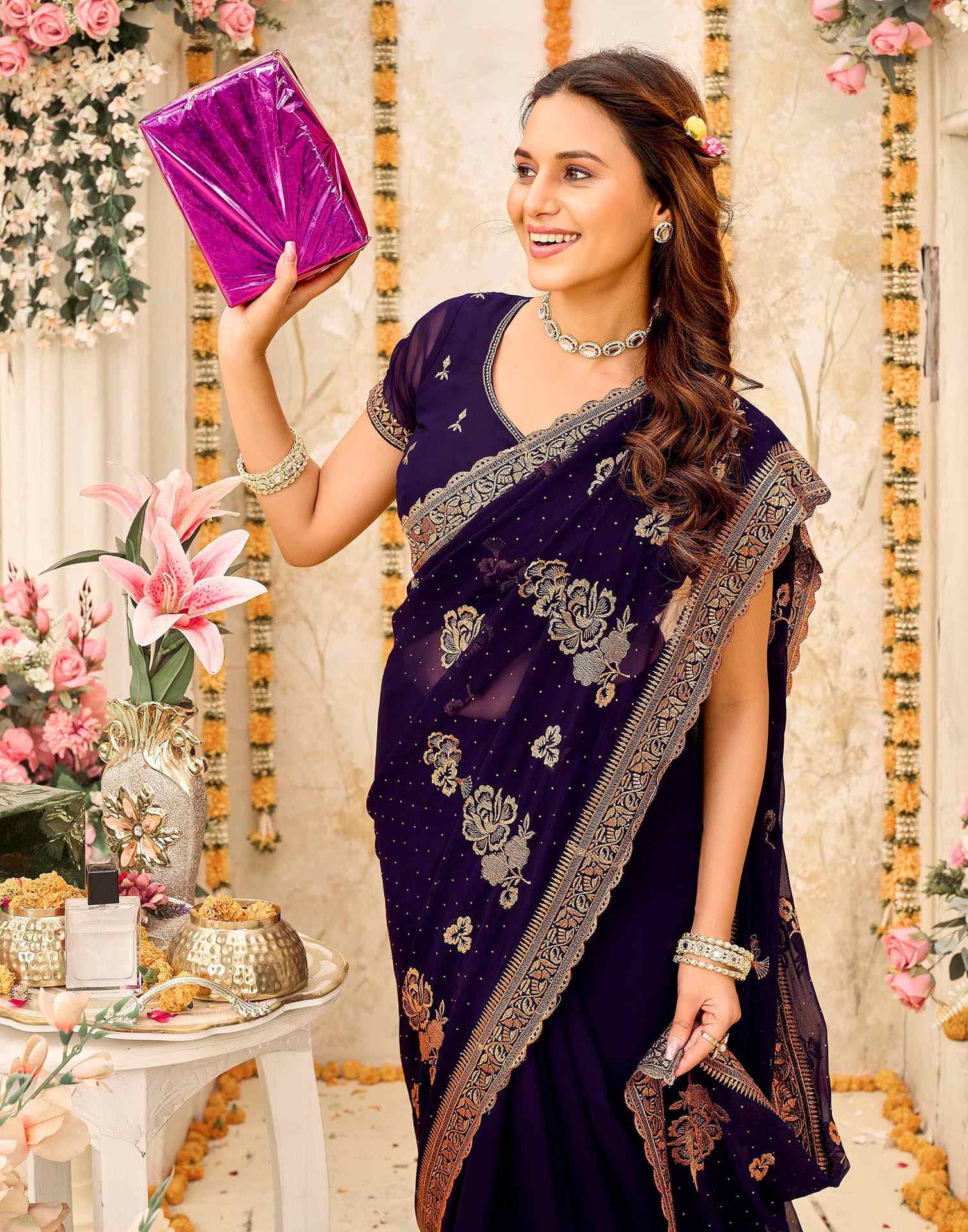 Purple Georgette Embroidery Swarovski Saree