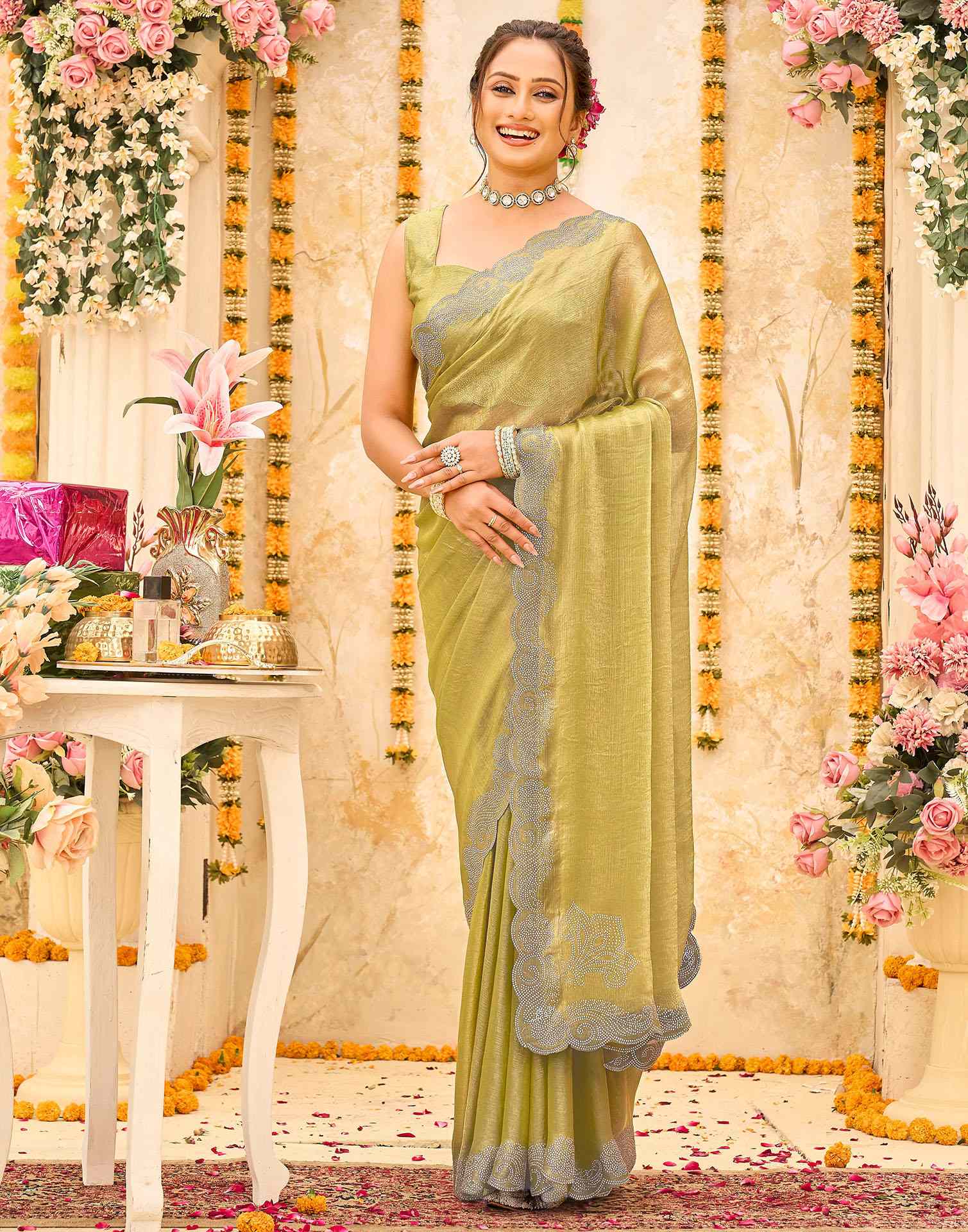 Pista Green Shimmer Stone Work Embellished Saree
