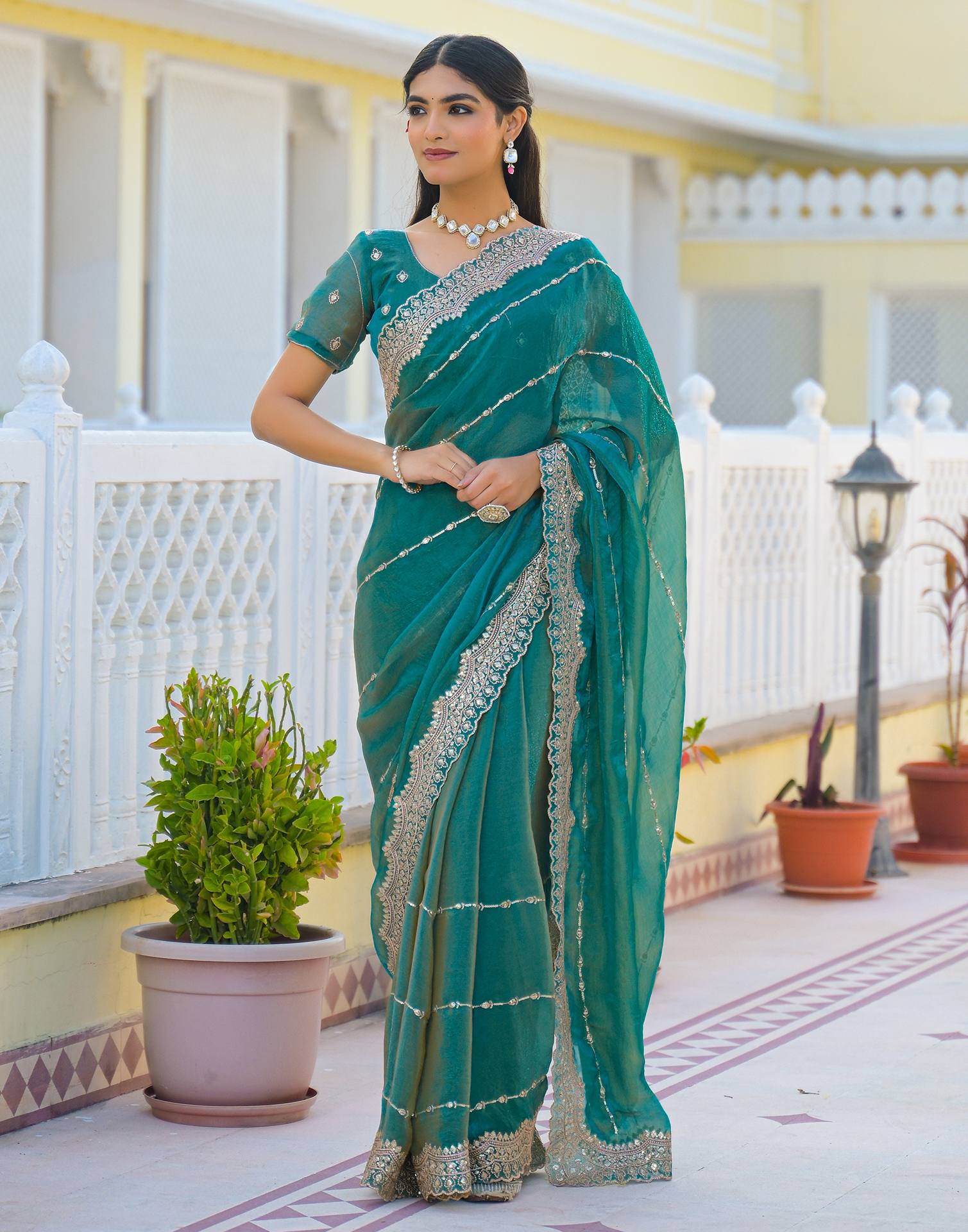 Teal Green Shimmer Sequence Embroidery Saree