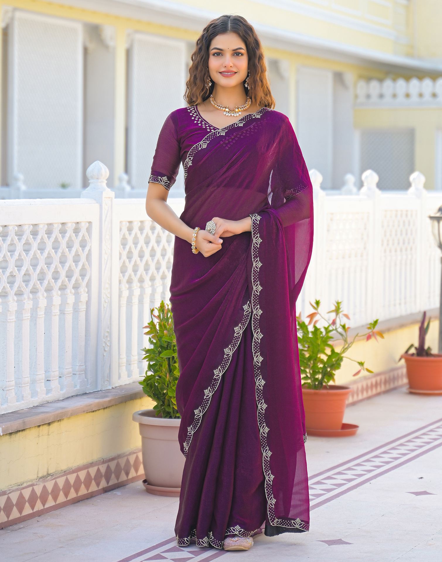 Dark Purple Satin Stone Work Embellished Saree