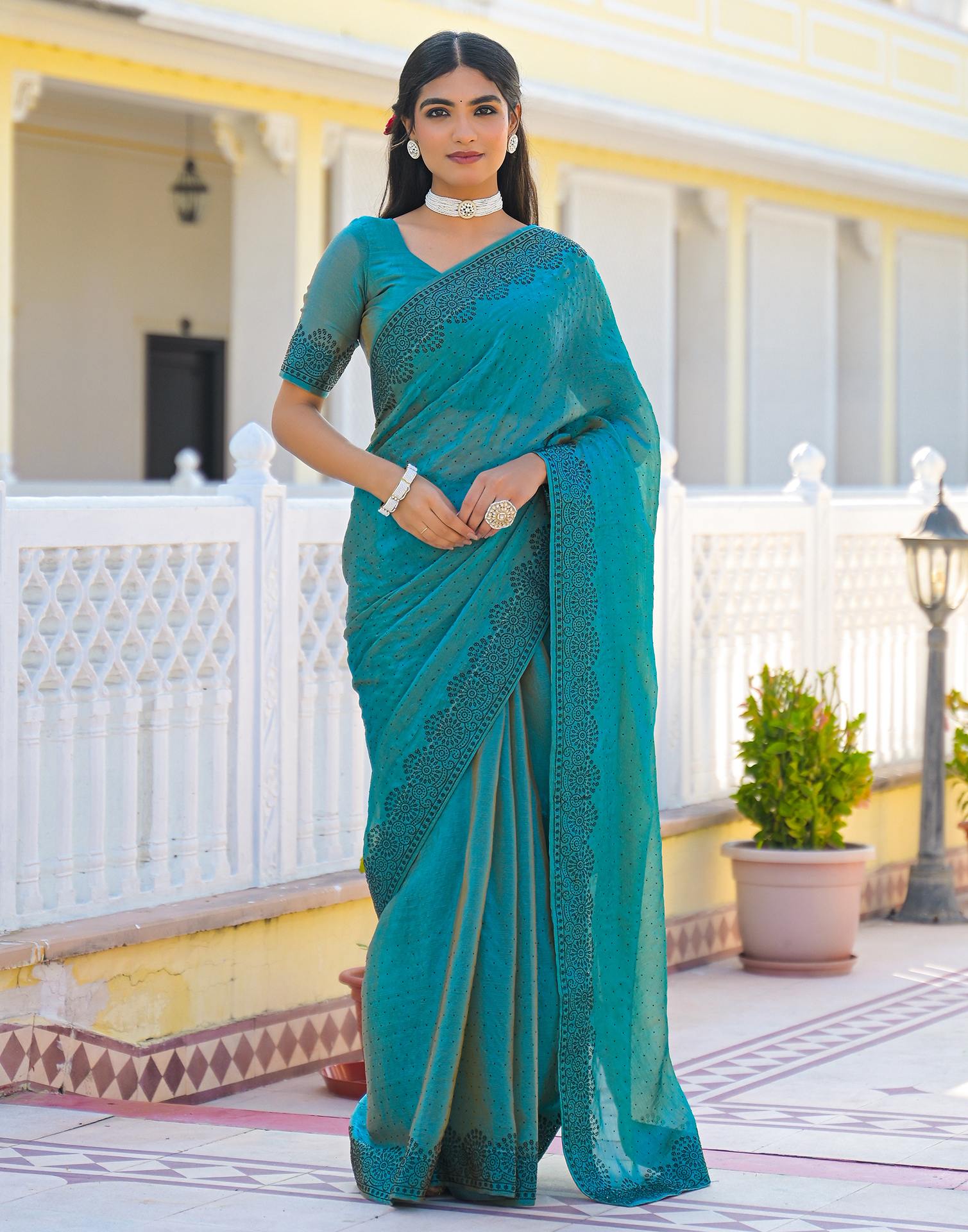Teal Blue Shimmer Stone Work Swarovski  Saree