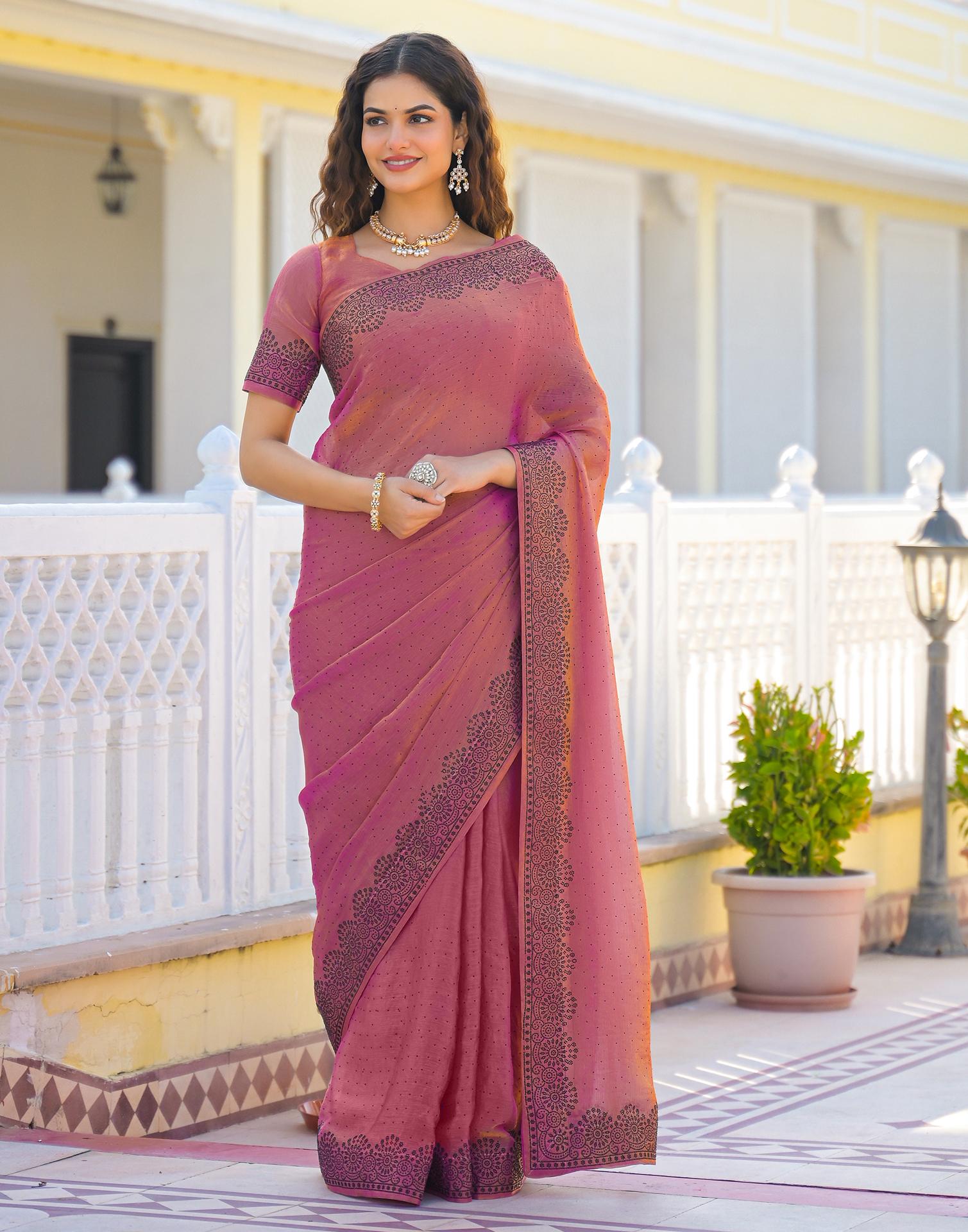 Pink Shimmer Stone Work Swarovski  Saree