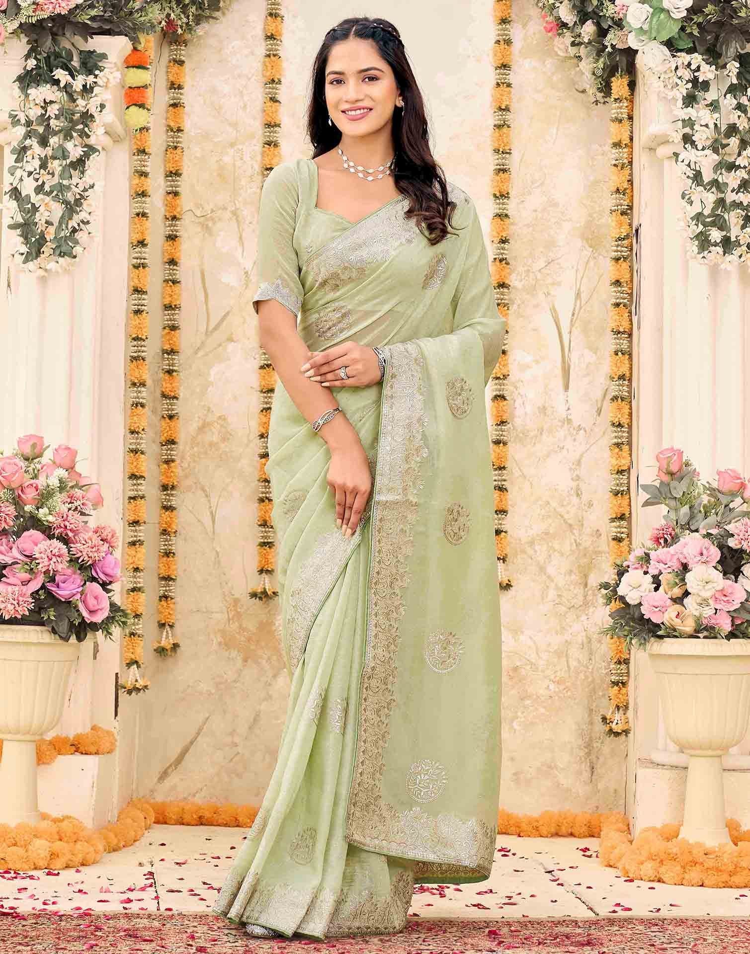 Mint Green Shimmer Embroidery Embellished Saree