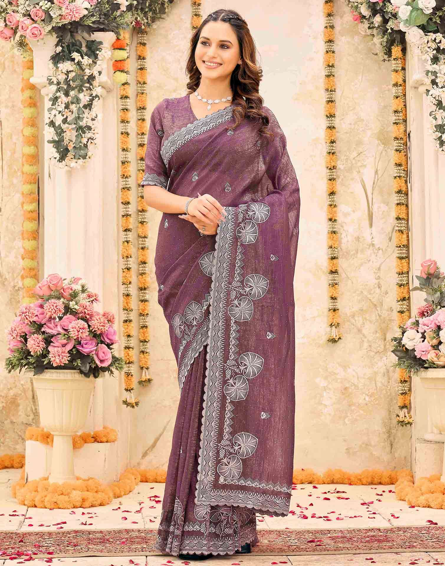 Mauve Shimmer Embroidery Embellished Saree