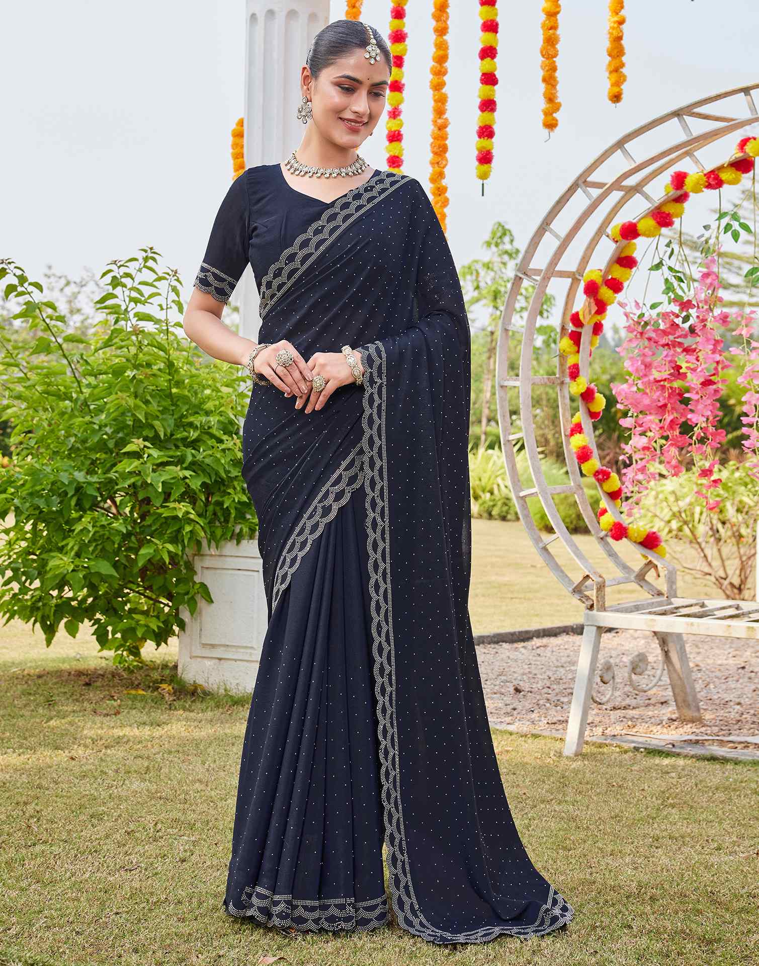 Navy Blue Shimmer Stone Work Swarovski Saree