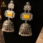 Traditional Oxidized Silver Jhumka Earrings with Yellow Stone & Pearl Hanging. - Image 3
