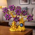 Golden Ganesh Tree with Purple Flowers & Evil Eye | Decorative Showpiece - Image 2