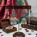 Royal Heirloom Oxidized Silver Jhumka Earrings with Blush Pink Stone, Intricate Hand-Engraved Motifs, Crystal Accents & Pearl Drop Fringe. - Image 3