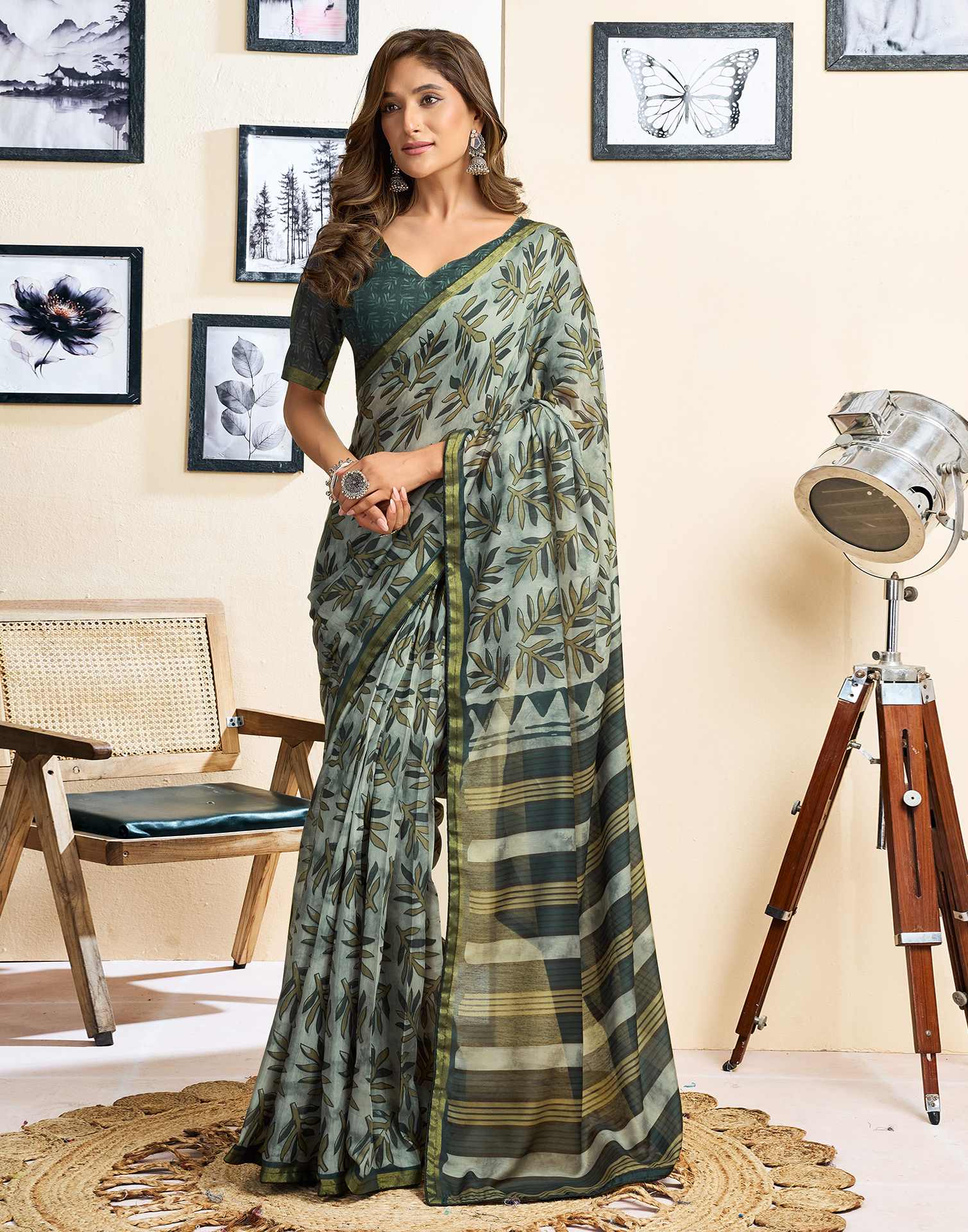 Ready To Wear Grey Linen Printed Saree