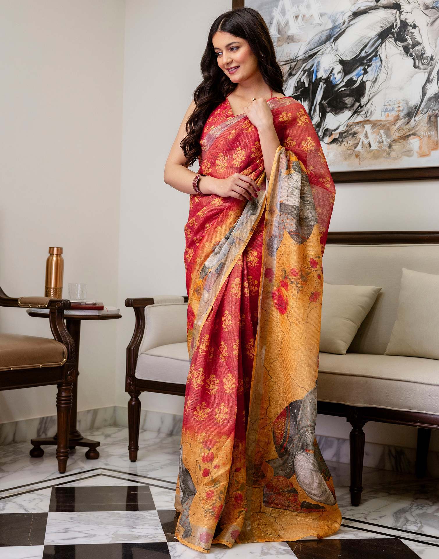 Ready To Wear Dusty Orange Cotton Printed Saree