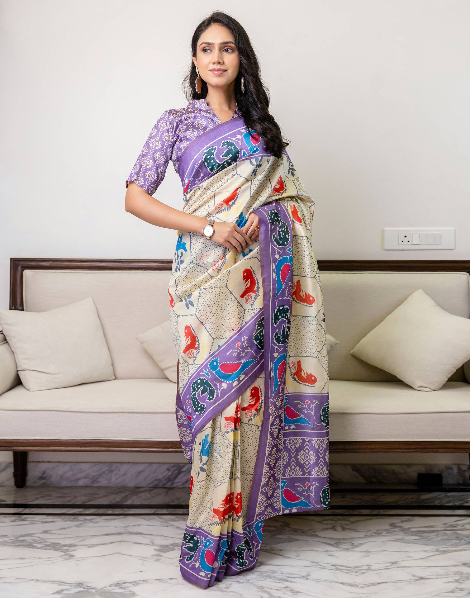 Ready To Wear Off White Silk Printed Saree