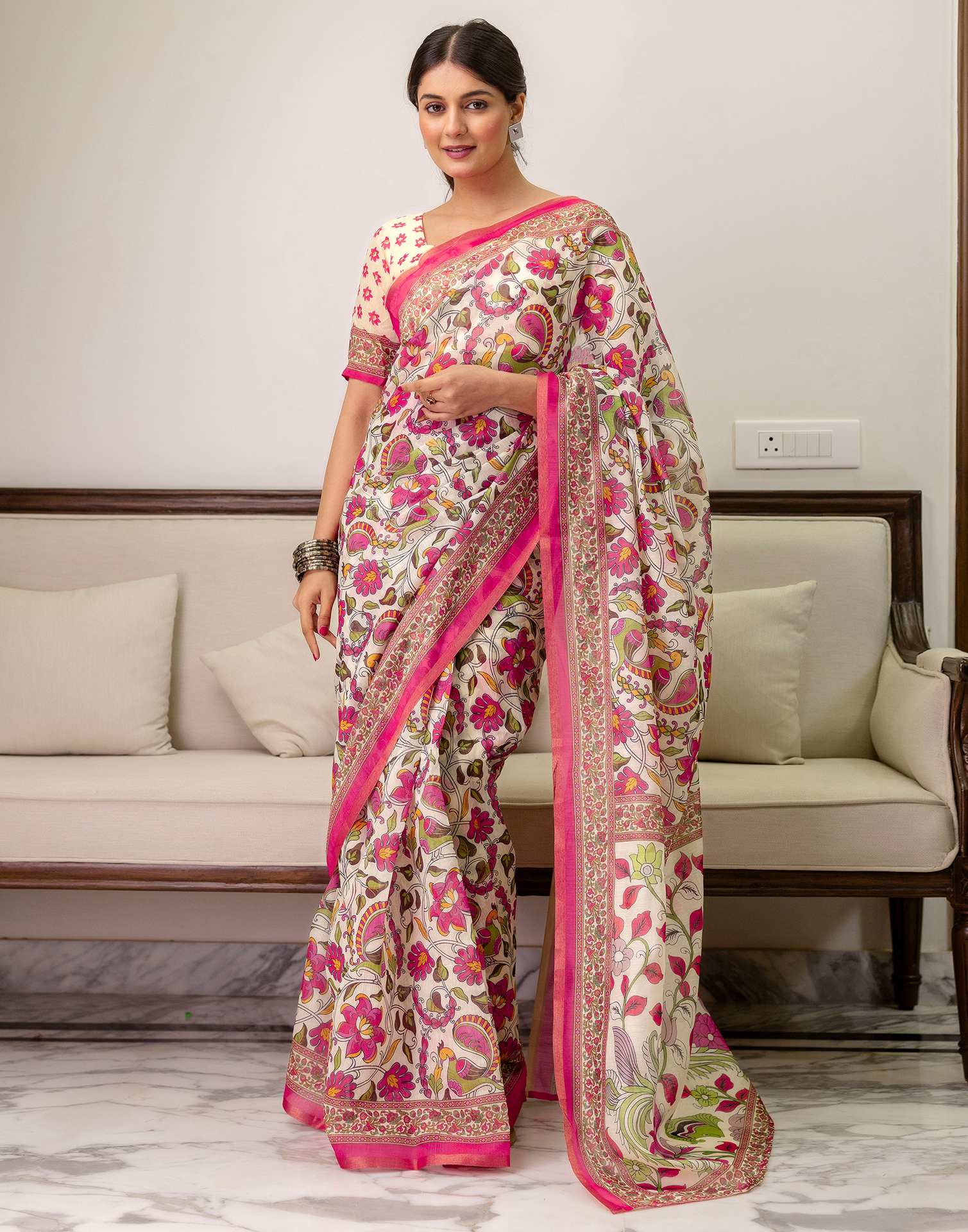 Ready To Wear Off White Linen Printed Saree
