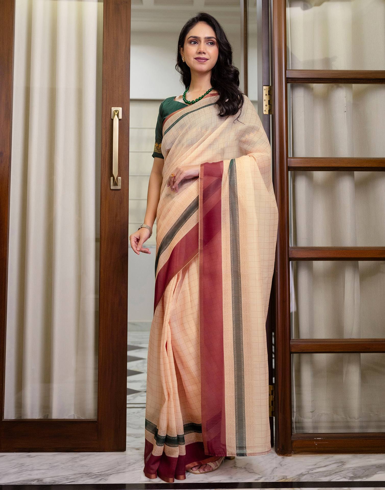 Ready To Wear Light Peach Linen Printed Saree