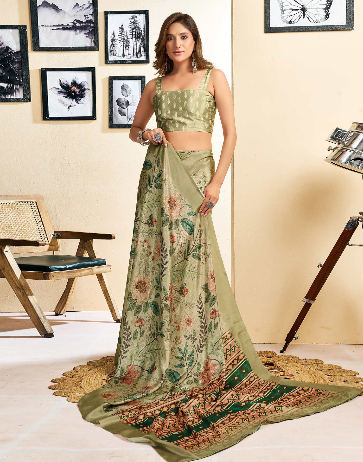 Ready To Wear Khaki Chinnon Printed Saree