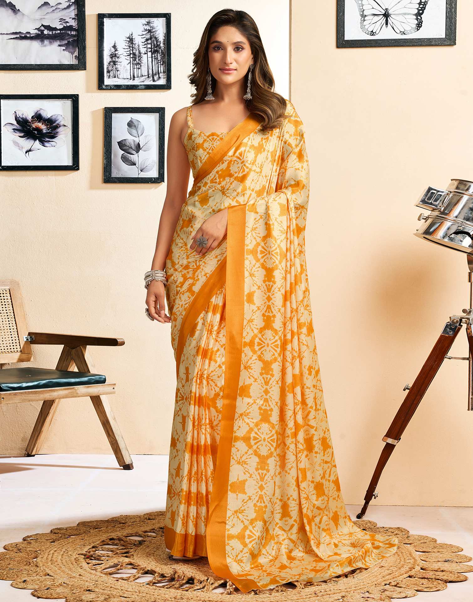 Ready To Wear Yellow Chinnon Printed Saree