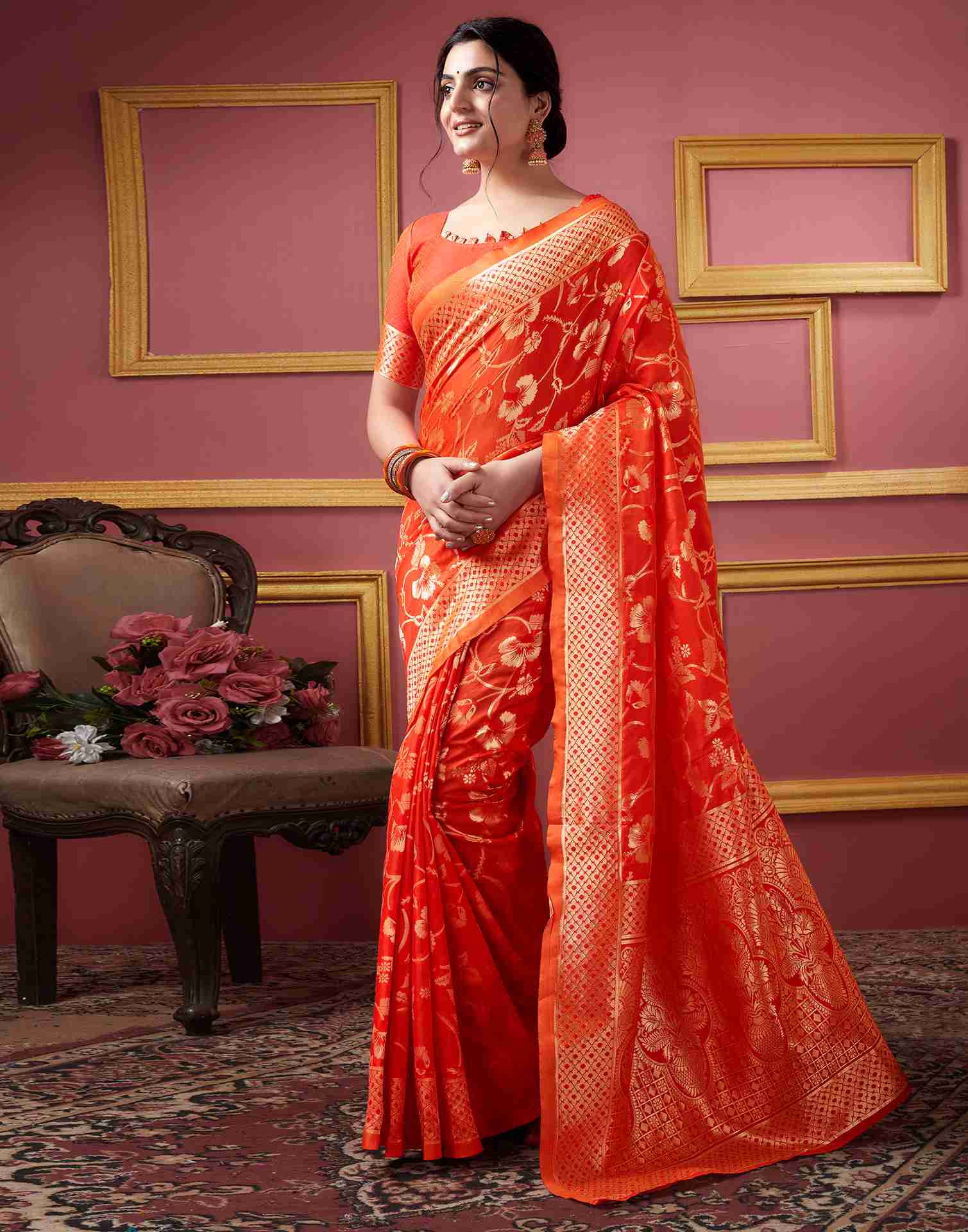 Orange Silk Woven Banarasi Saree