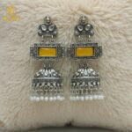 Traditional Oxidized Silver Jhumka Earrings with Yellow Stone & Pearl Hanging.