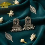Oxidized Silver Temple Earrings – Handcrafted Radha Krishna Design with Ghungroo Drops