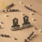 Oxidized Silver Temple Earrings – Handcrafted Radha Krishna Design with Ghungroo Drops - Image 3
