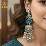 Handcrafted Oxidized Silver Turquoise Stone Jhumka Earrings with Intricate Filigree Work and Multi-Drop Danglers - Image 2